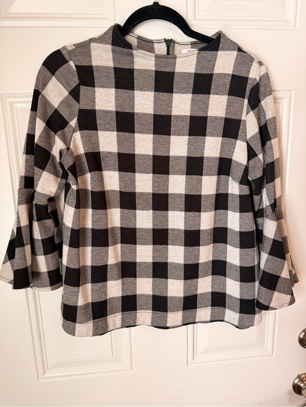 crown & ivy Black and White Buffalo Check Bell Sleeve Tunic